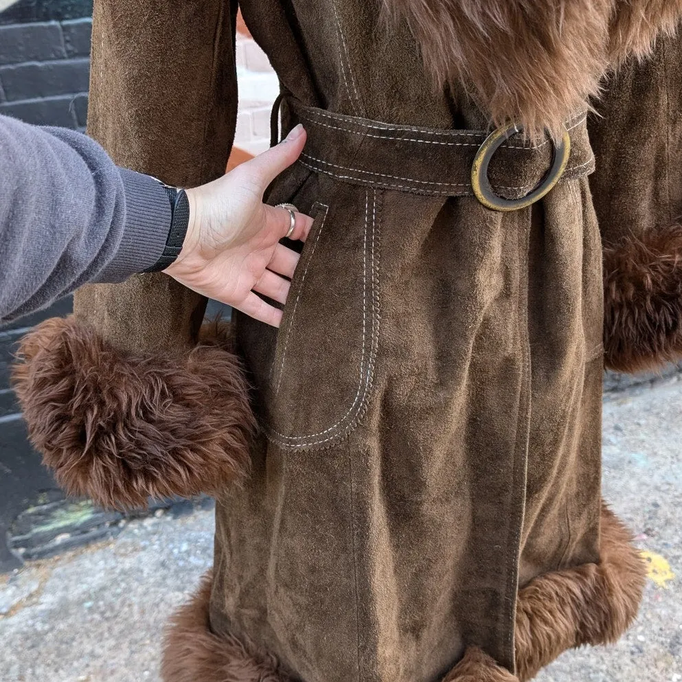 70s Brown Suede Jacket Penny Lane Fur Furry Leather Groovy Vintage Trench Coat