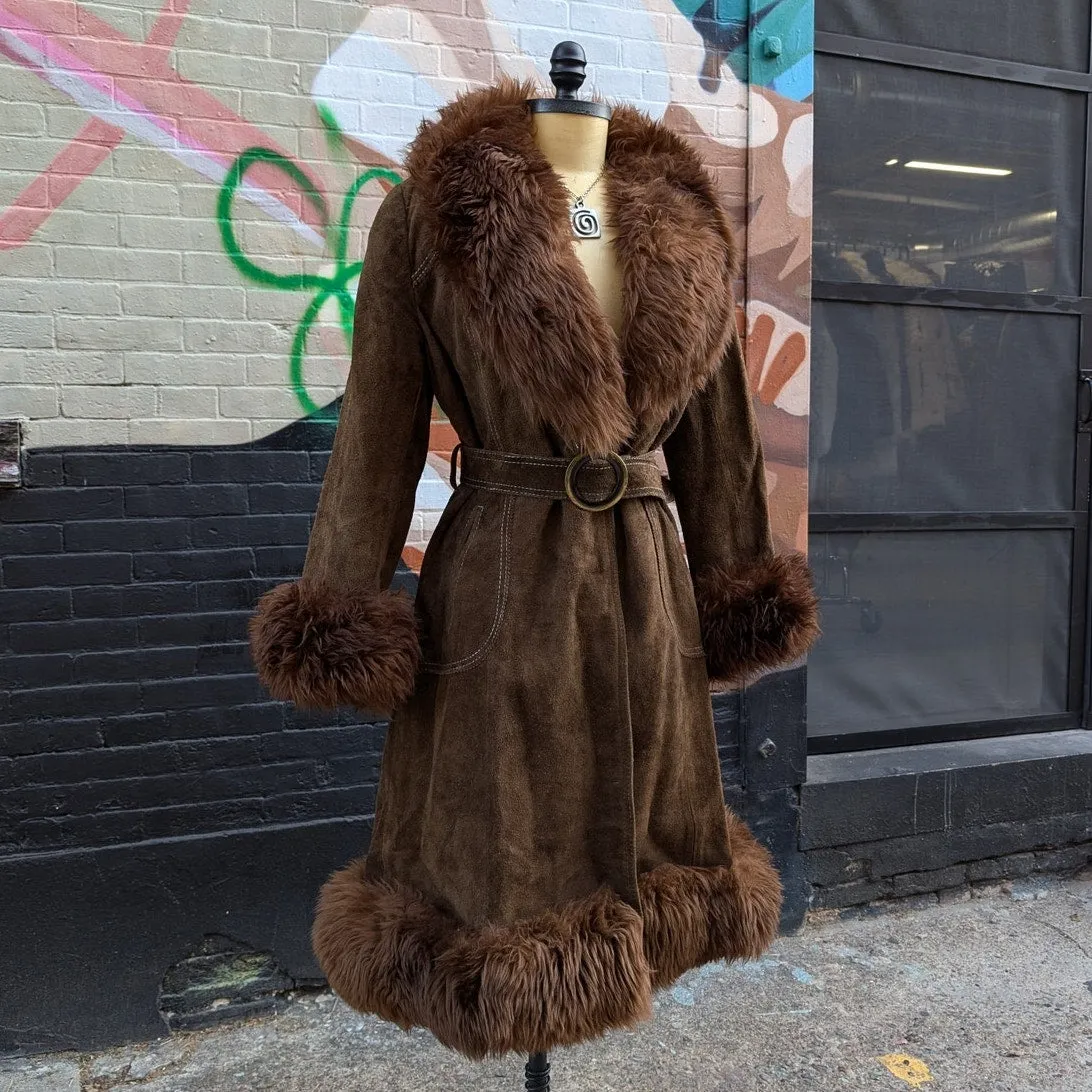 70s Brown Suede Jacket Penny Lane Fur Furry Leather Groovy Vintage Trench Coat