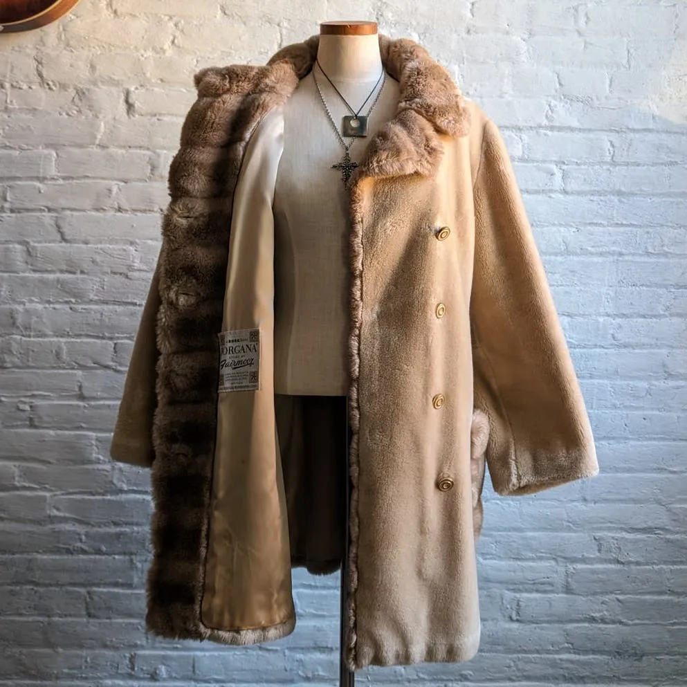 70s Vintage Mob Wife Fluffy Vegan Fur Coat Neutral Boho Minimalist Groovy Jacket