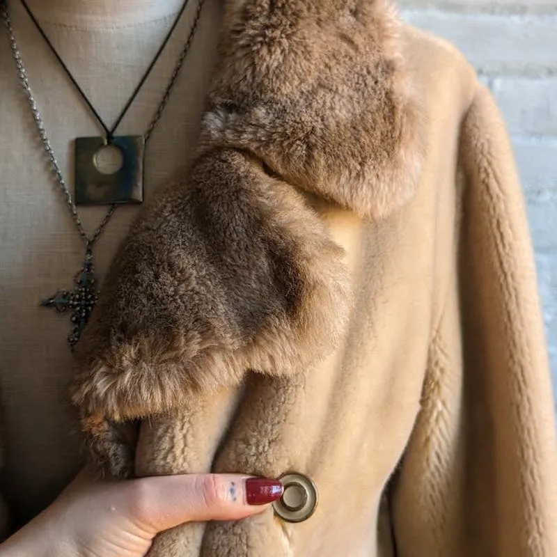 70s Vintage Mob Wife Fluffy Vegan Fur Coat Neutral Boho Minimalist Groovy Jacket