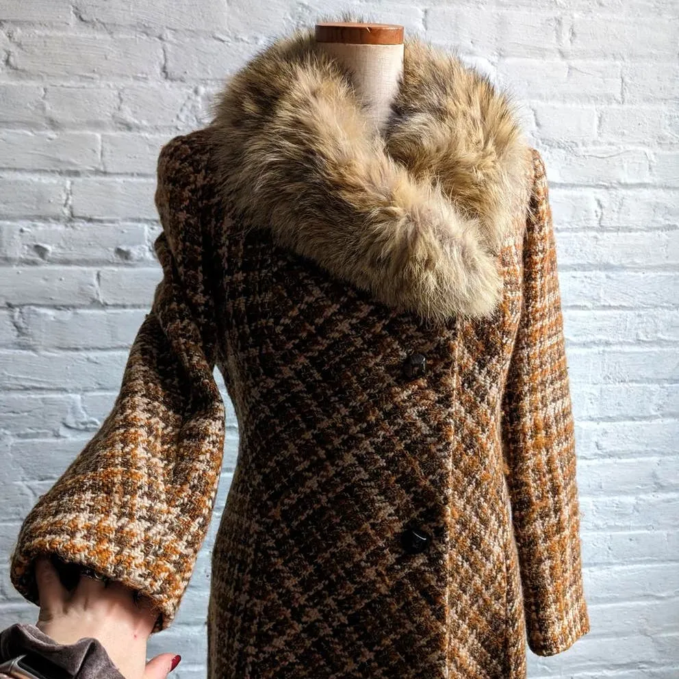 70s Vintage Penny Lane Wool Fur Coat Groovy Plaid Minimal Trench Afghan Jacket