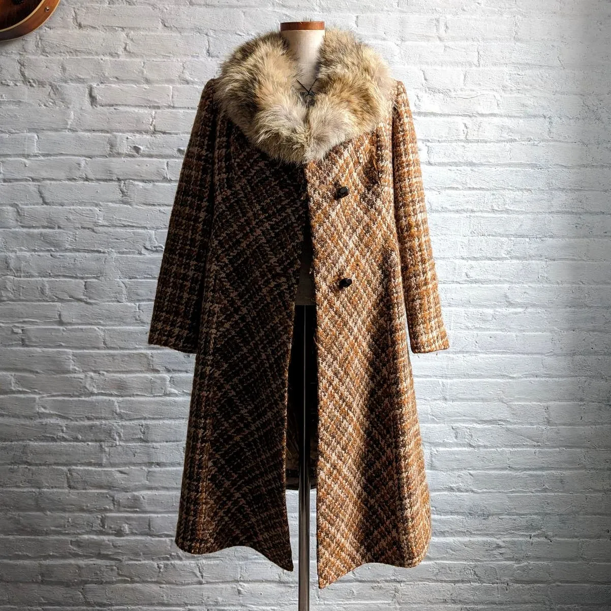 70s Vintage Penny Lane Wool Fur Coat Groovy Plaid Minimal Trench Afghan Jacket