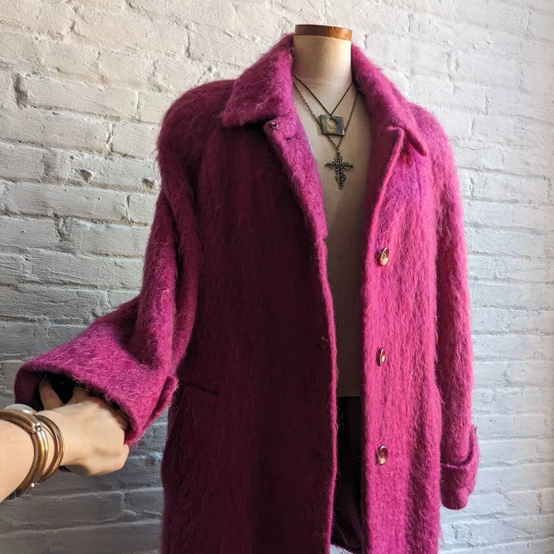 90s Vintage Hot Pink Fuzzy Mohair Wool Trench Coat Funky Shaggy Furry Jacket