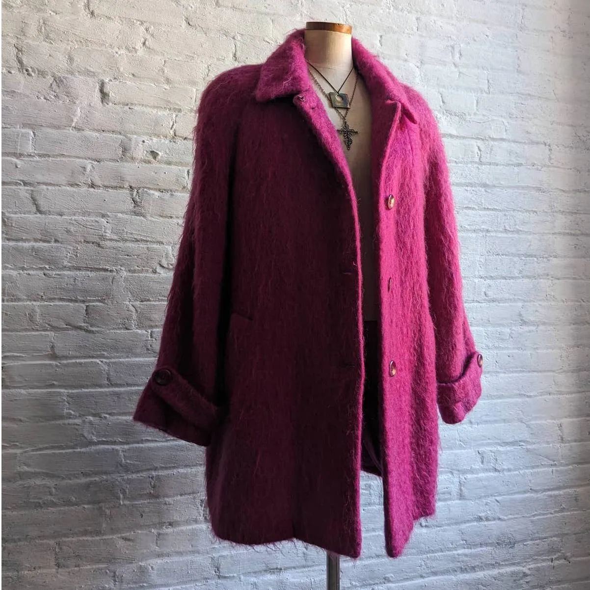 90s Vintage Hot Pink Fuzzy Mohair Wool Trench Coat Funky Shaggy Furry Jacket