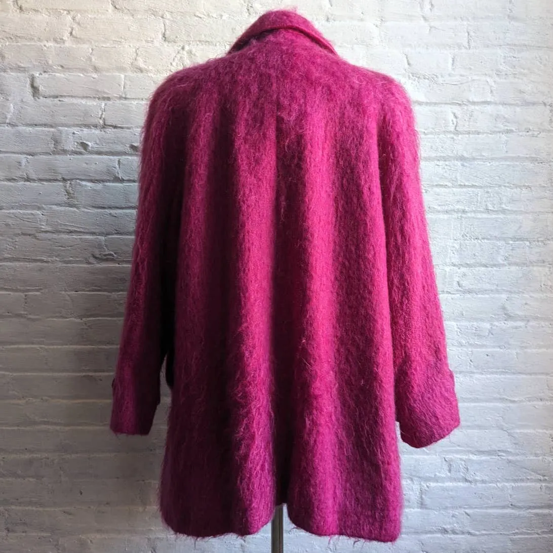 90s Vintage Hot Pink Fuzzy Mohair Wool Trench Coat Funky Shaggy Furry Jacket