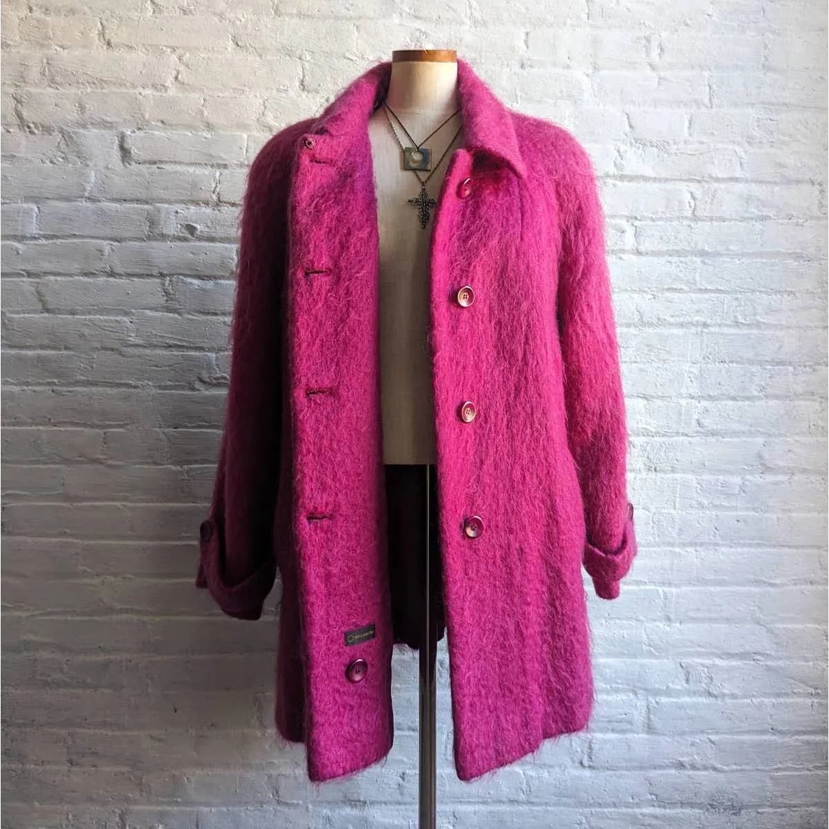 90s Vintage Hot Pink Fuzzy Mohair Wool Trench Coat Funky Shaggy Furry Jacket