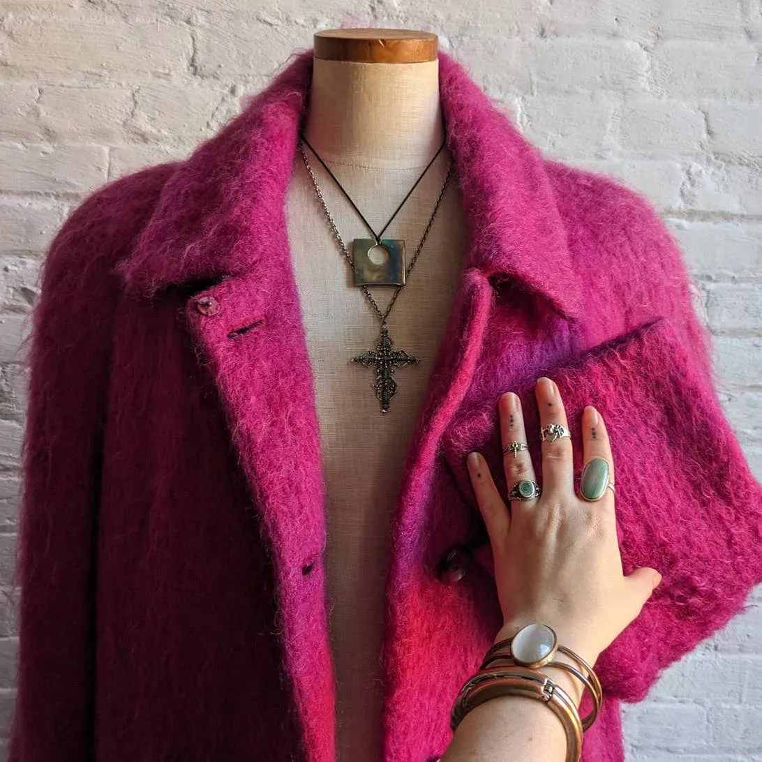 90s Vintage Hot Pink Fuzzy Mohair Wool Trench Coat Funky Shaggy Furry Jacket