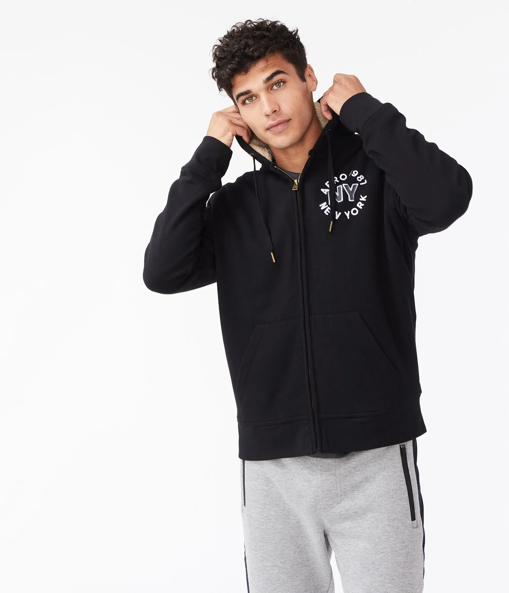 Aeropostale Aero 1987 NY Sherpa-Lined Full-Zip Hoodie