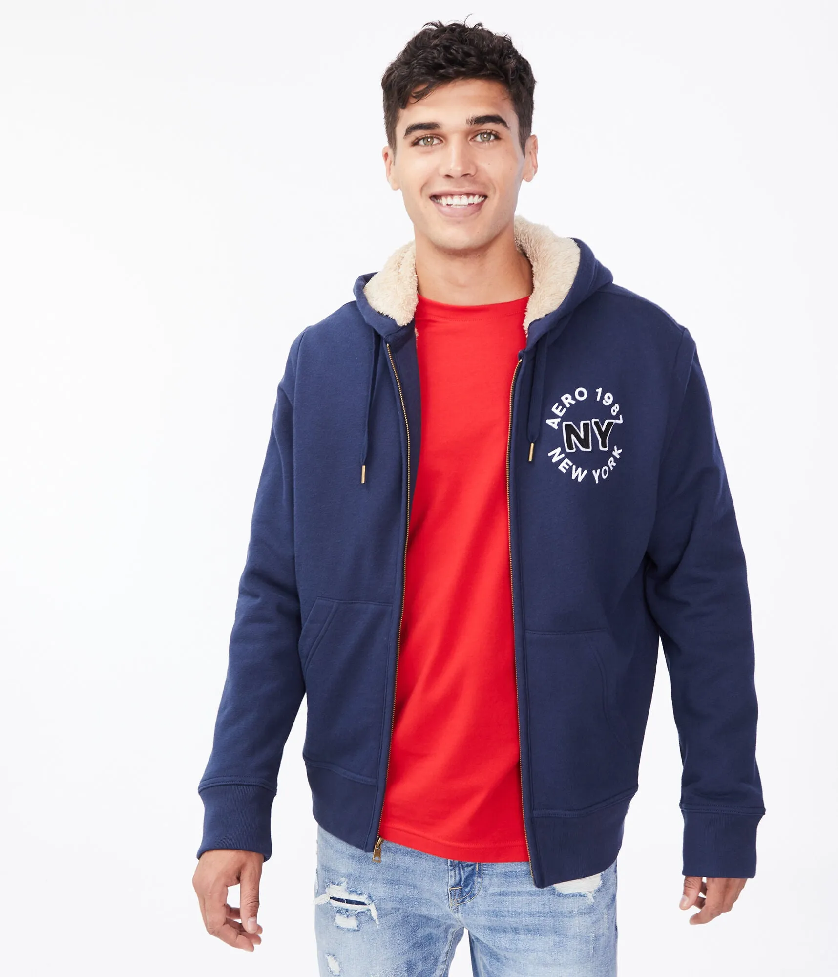 Aeropostale Aero 1987 NY Sherpa-Lined Full-Zip Hoodie