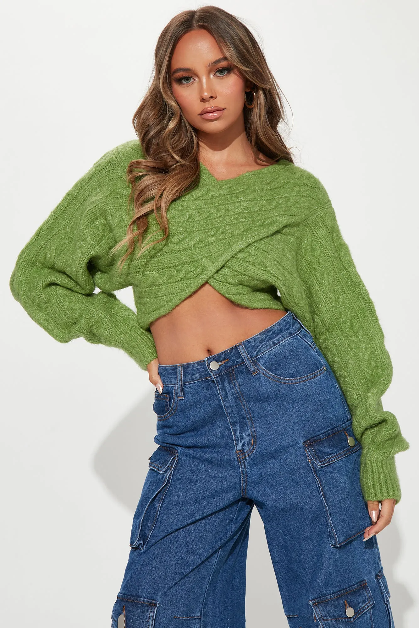 All Things Sweet Cable Knit Crossover Sweater - Green