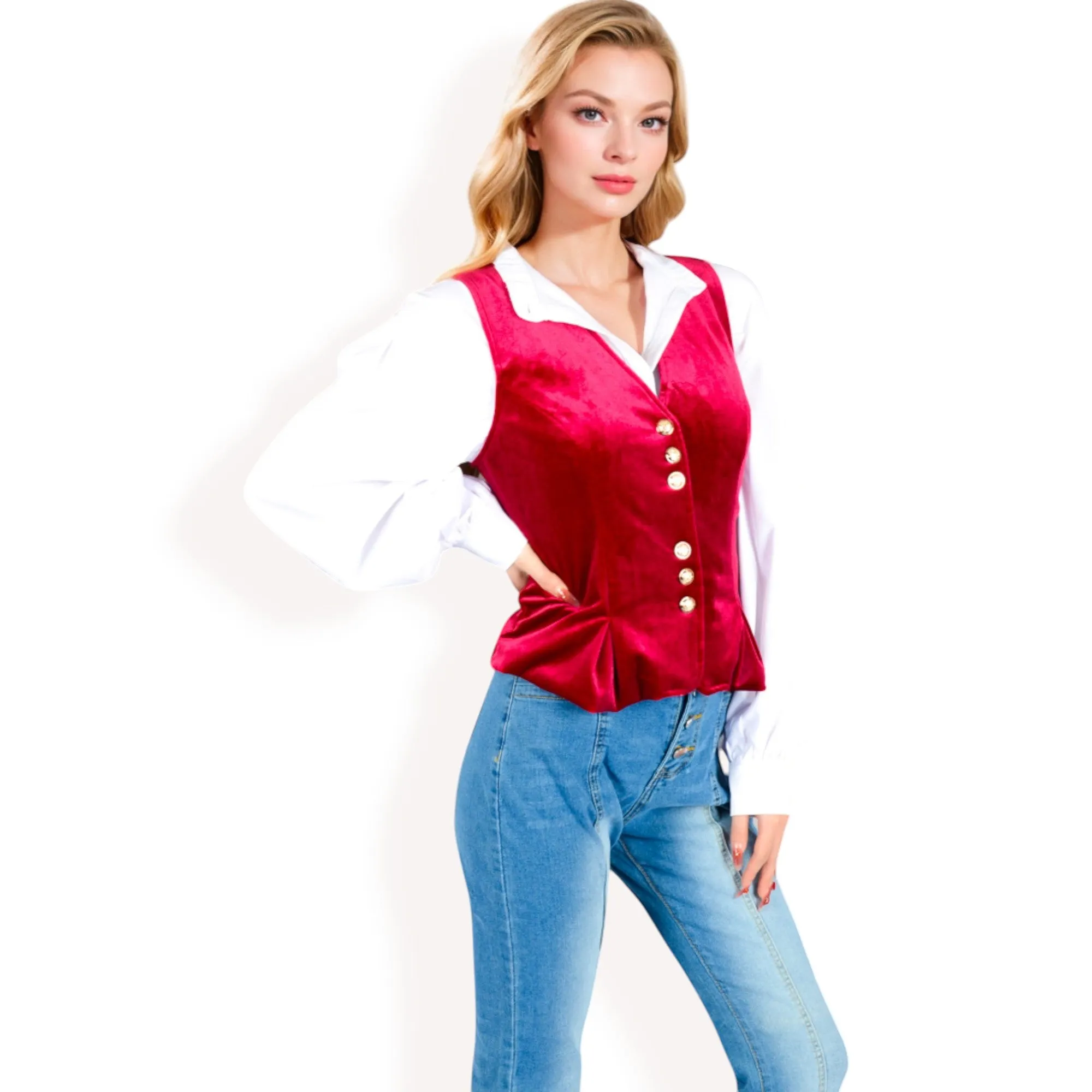 Anna-Kaci Women's Velvet Peplum Vest with Button Detai