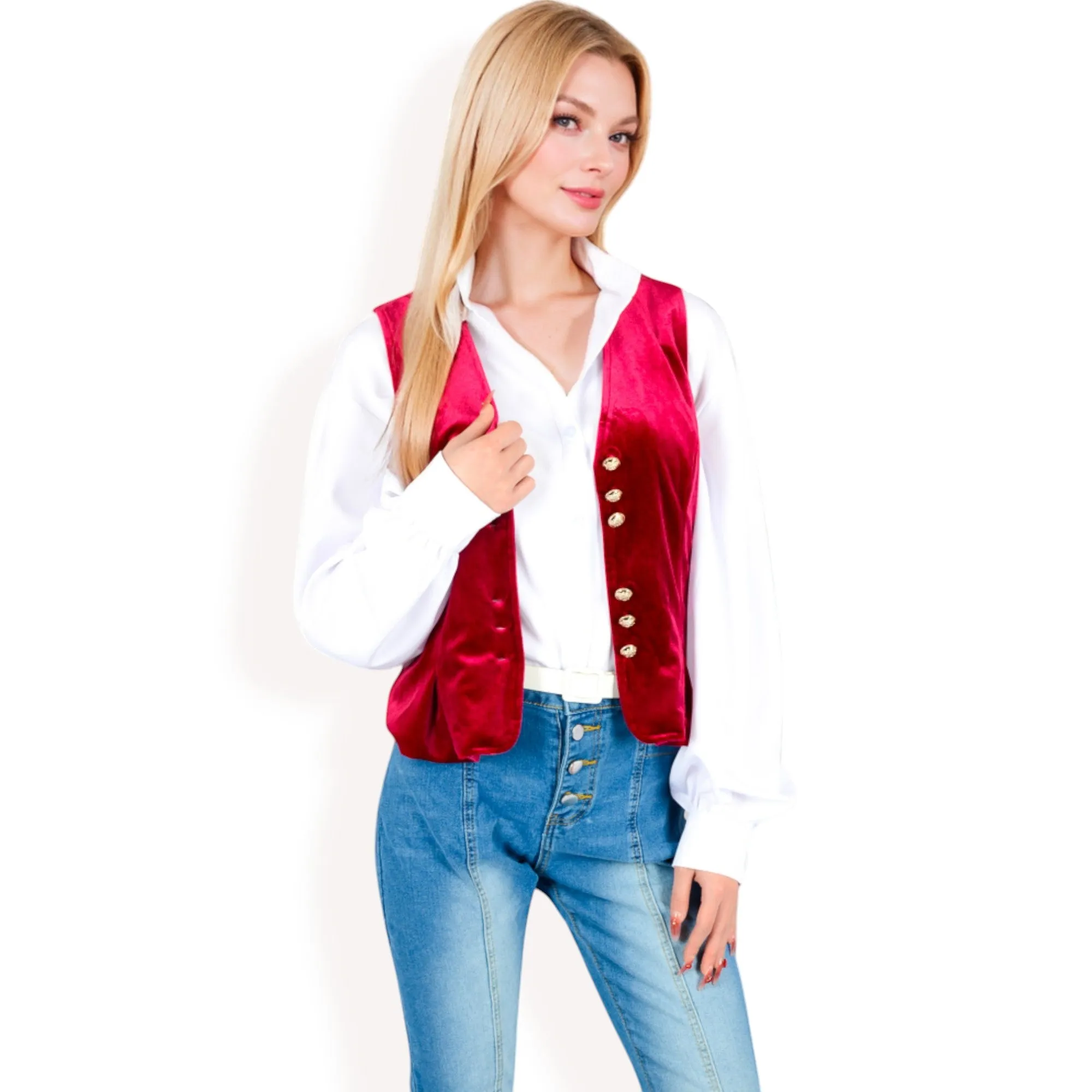 Anna-Kaci Women's Velvet Peplum Vest with Button Detai