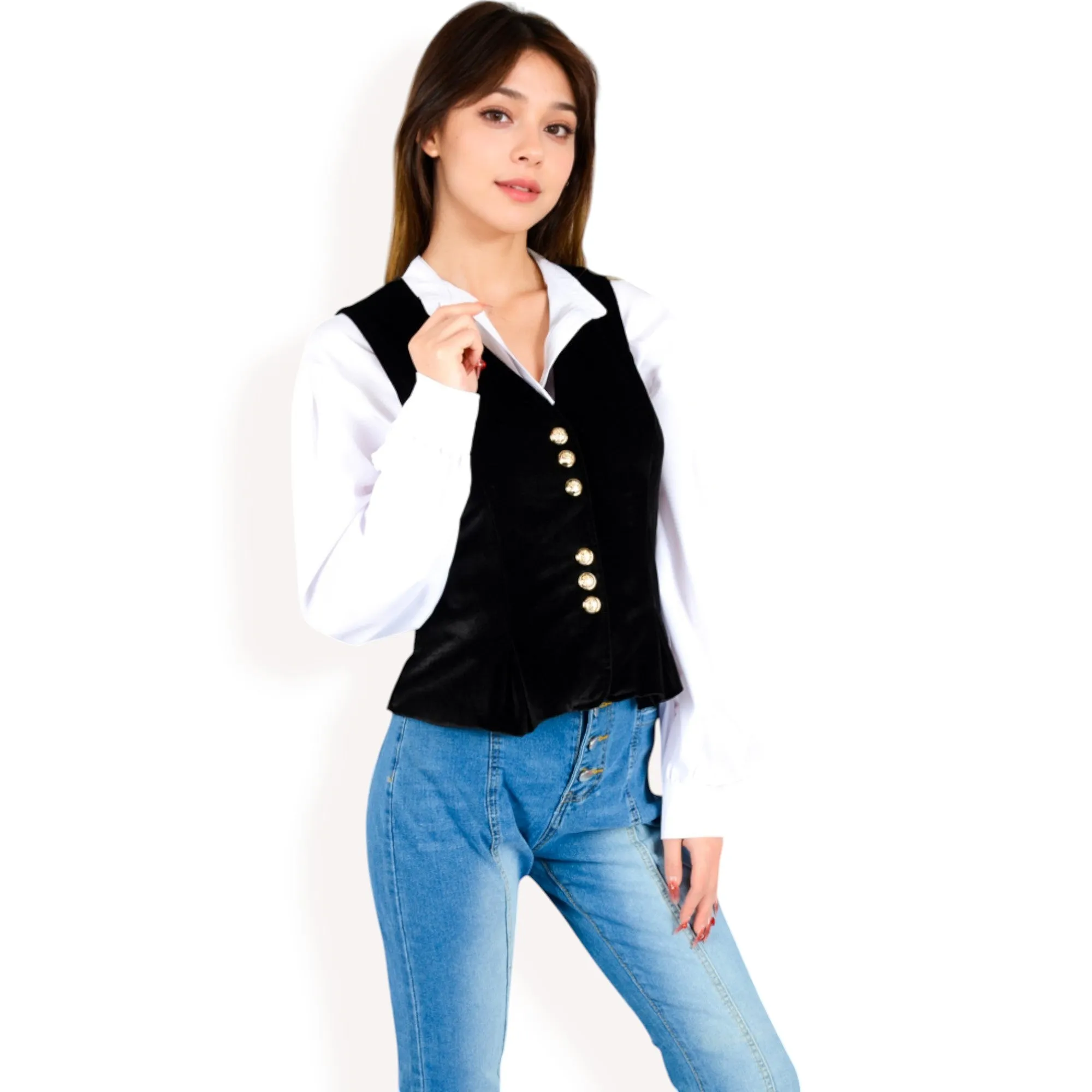 Anna-Kaci Women's Velvet Peplum Vest with Button Detai