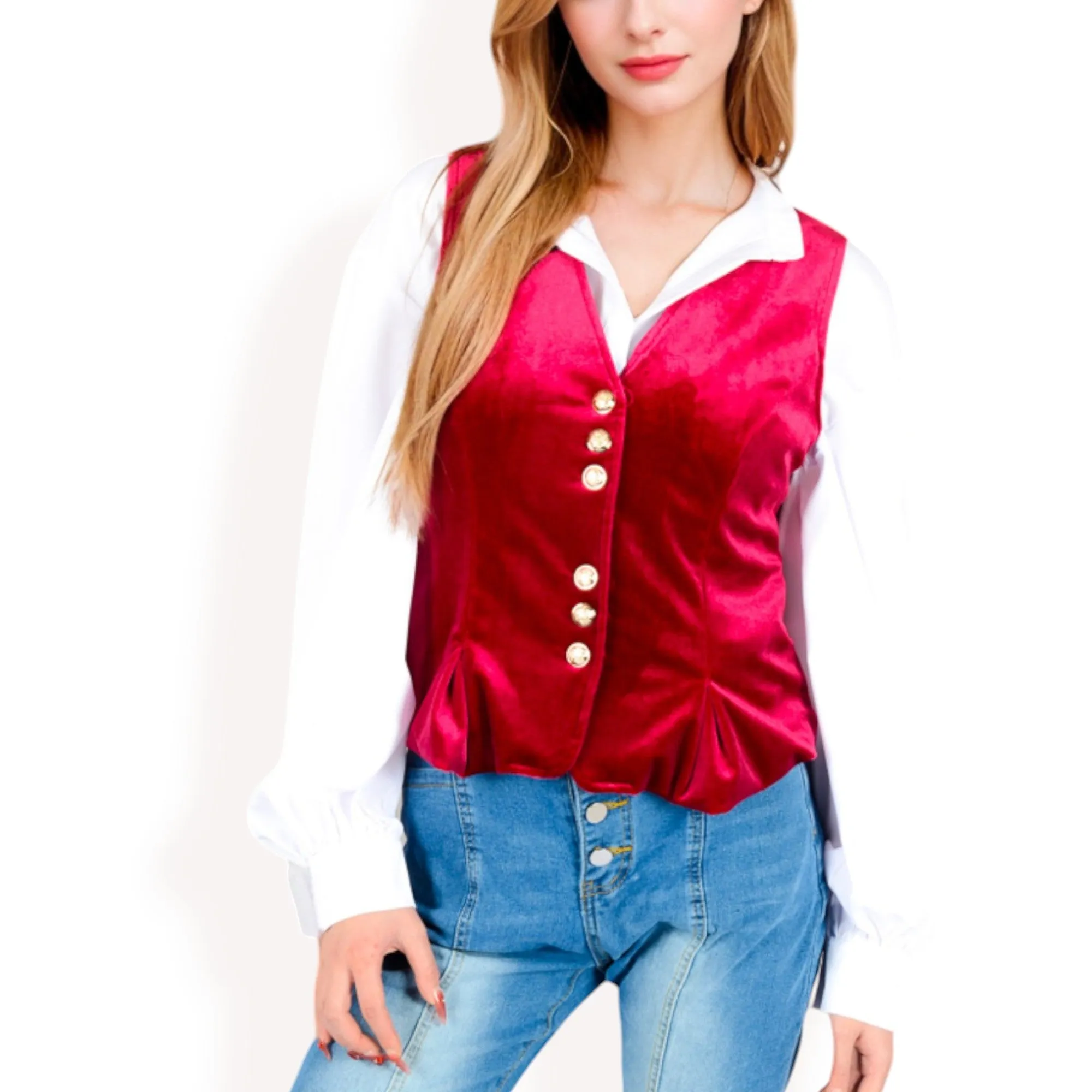 Anna-Kaci Women's Velvet Peplum Vest with Button Detai