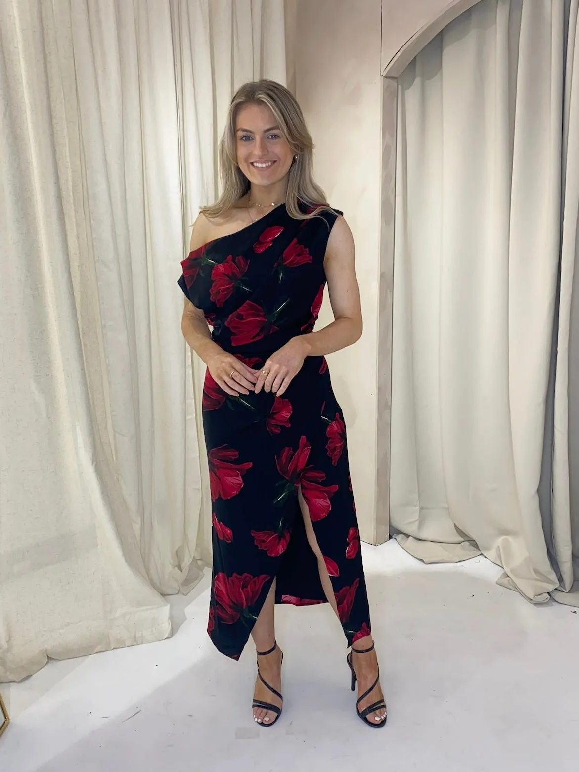 Ariana Asymmetric Midi Dress - Red floral