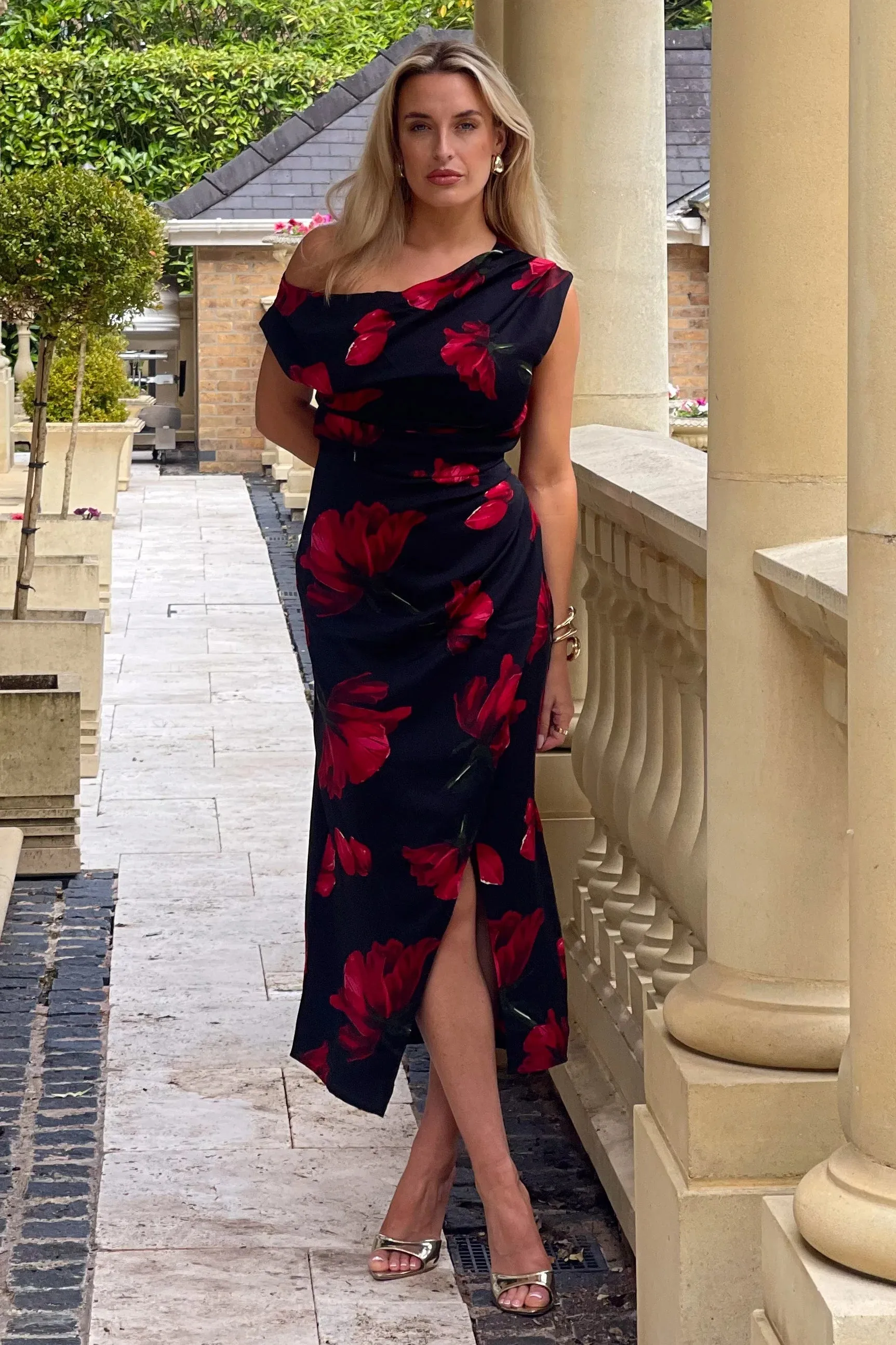 Ariana Asymmetric Midi Dress - Red floral