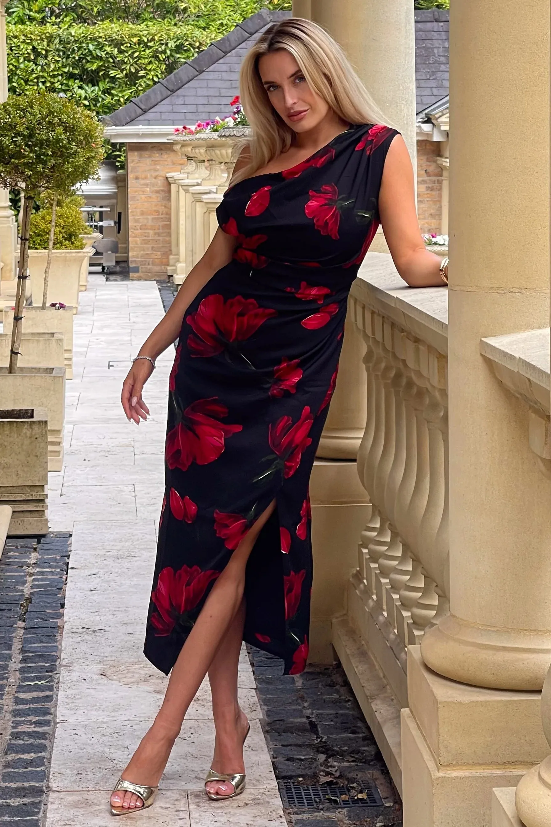 Ariana Asymmetric Midi Dress - Red floral