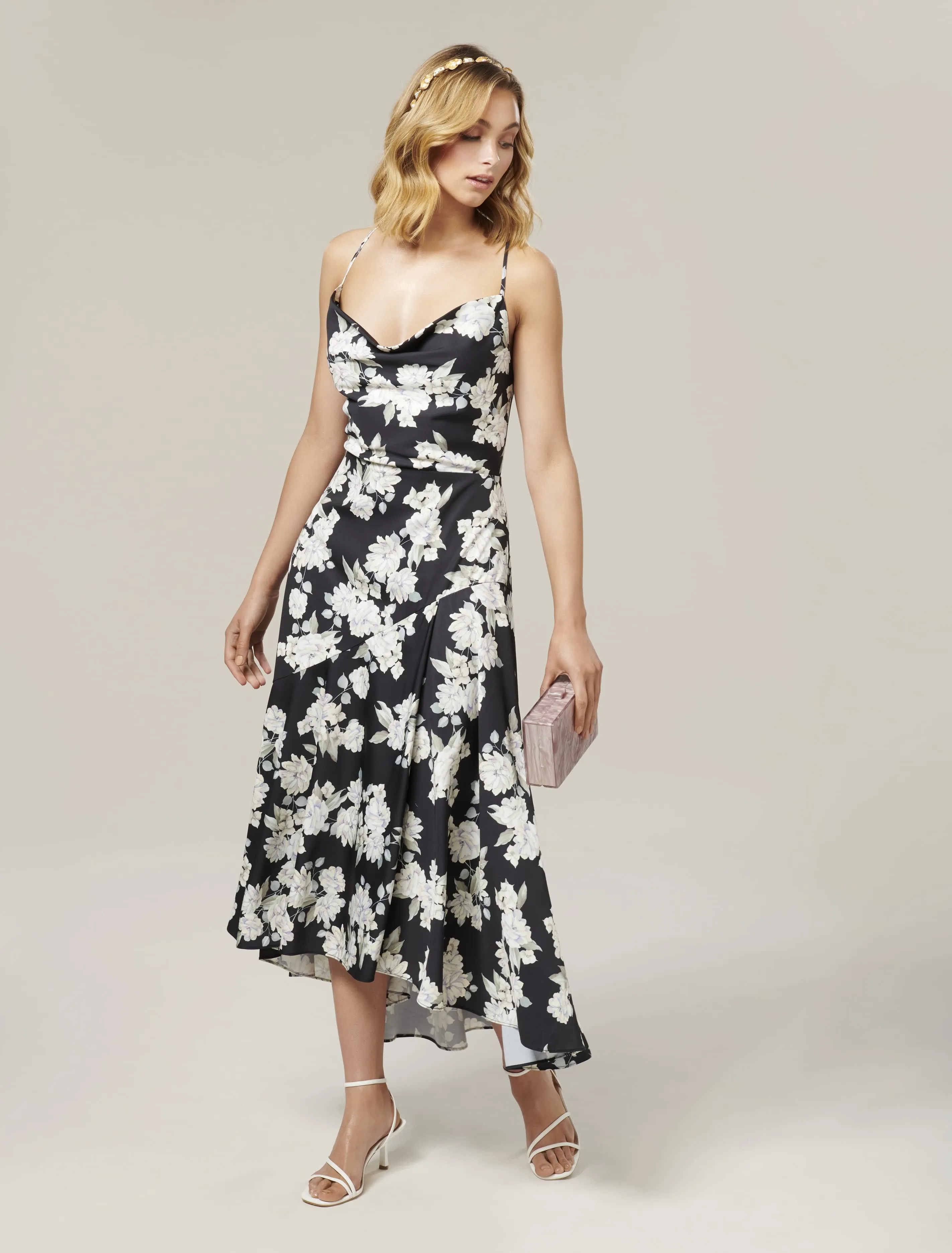 Aubrie Backless Cowl Satin Midi Dress