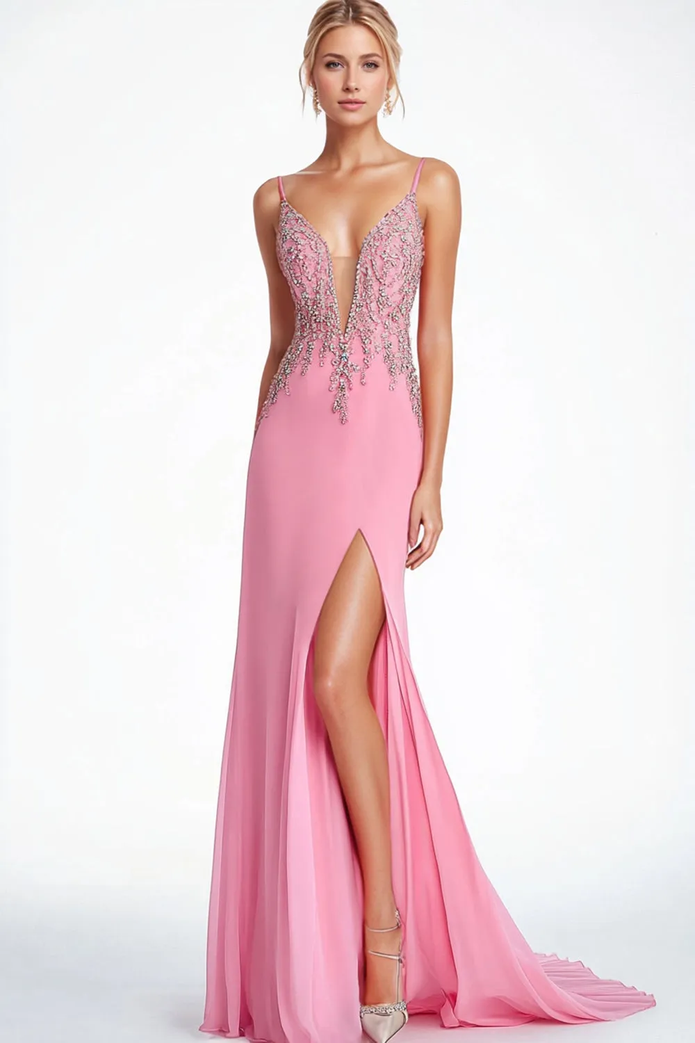 Beaded Sheath Pink Formal Dress with Slit