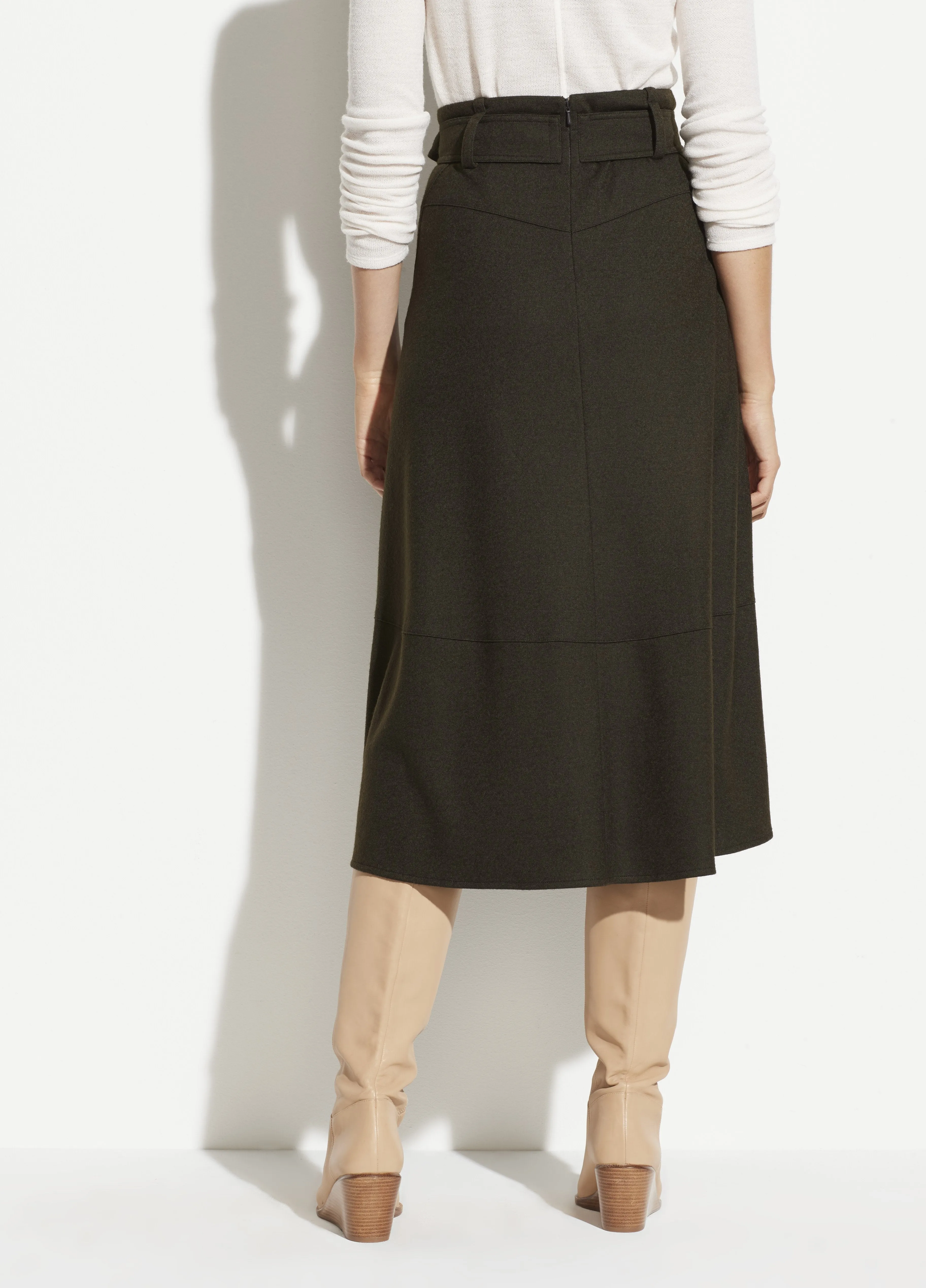 Belted Seamed Wool Skirt in Olive