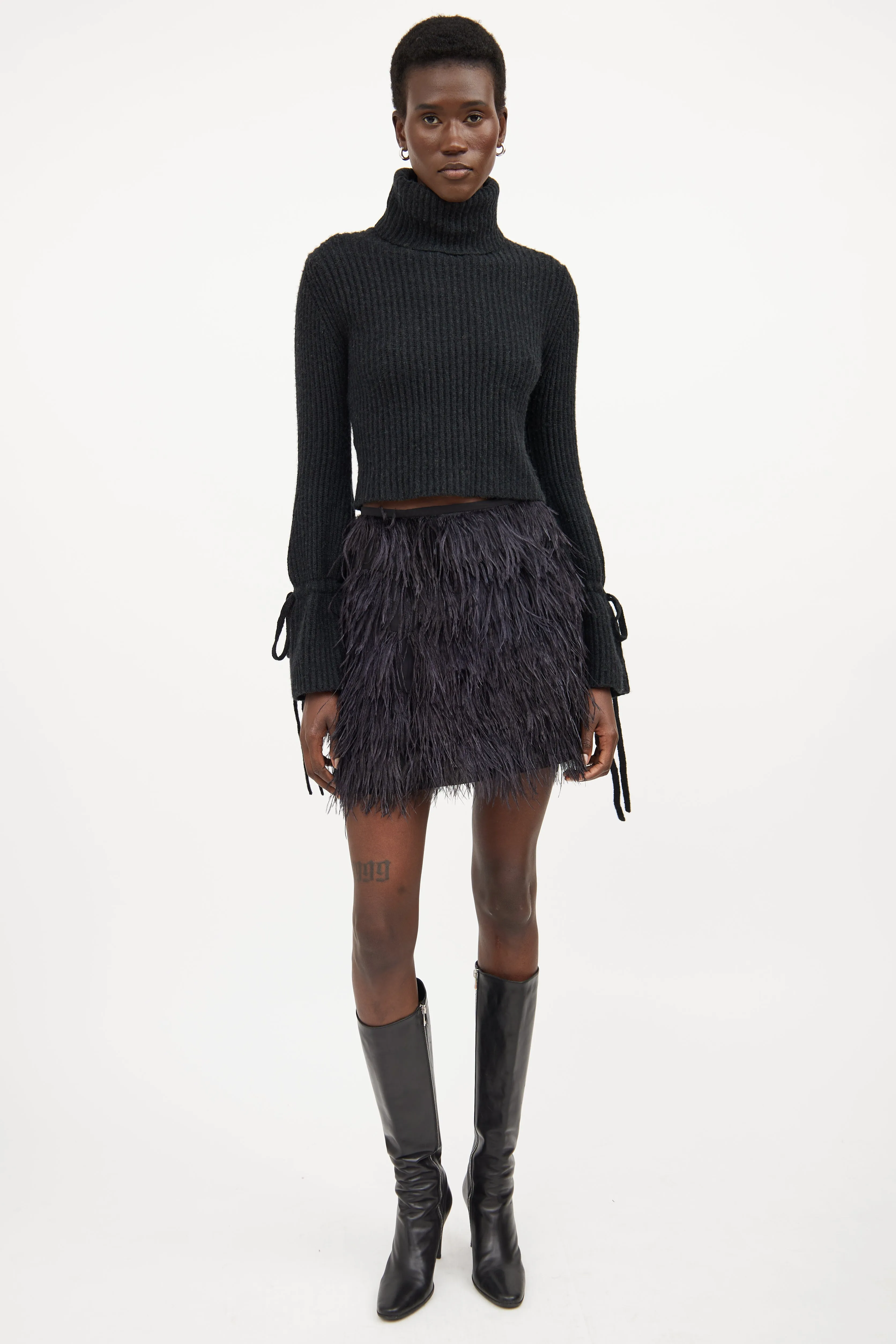 Black Wool Knit Cropped Drawstring Sweater