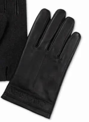 CALVIN KLEIN Black Genuine Leather Fleece Lined Gloves with Embossed Logo