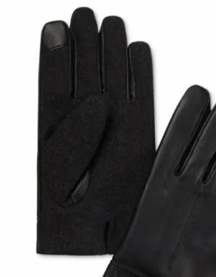 CALVIN KLEIN Black Genuine Leather Fleece Lined Gloves with Embossed Logo