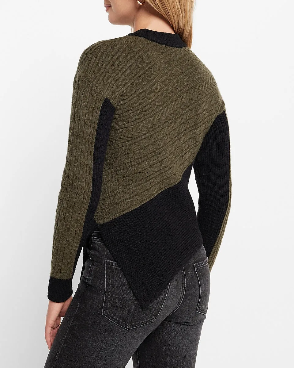 Color Block Cable Knit Asymmetrical Hem Sweater in Olive Green