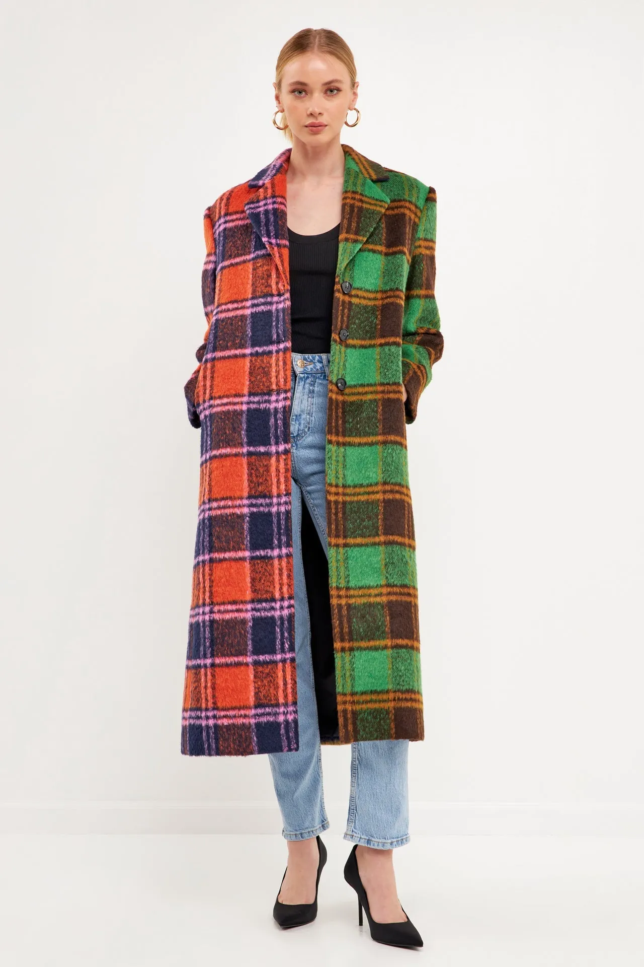 Colorblock Plaid Trench Coat