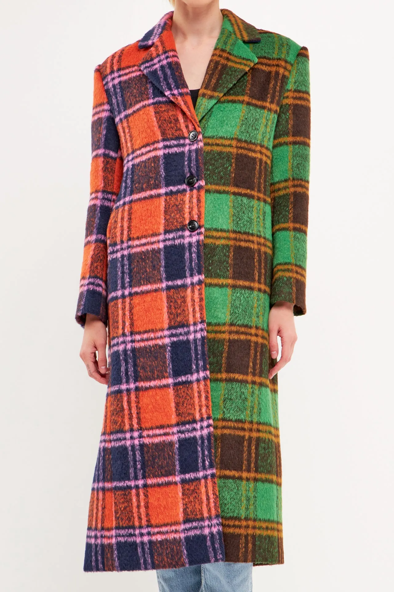 Colorblock Plaid Trench Coat