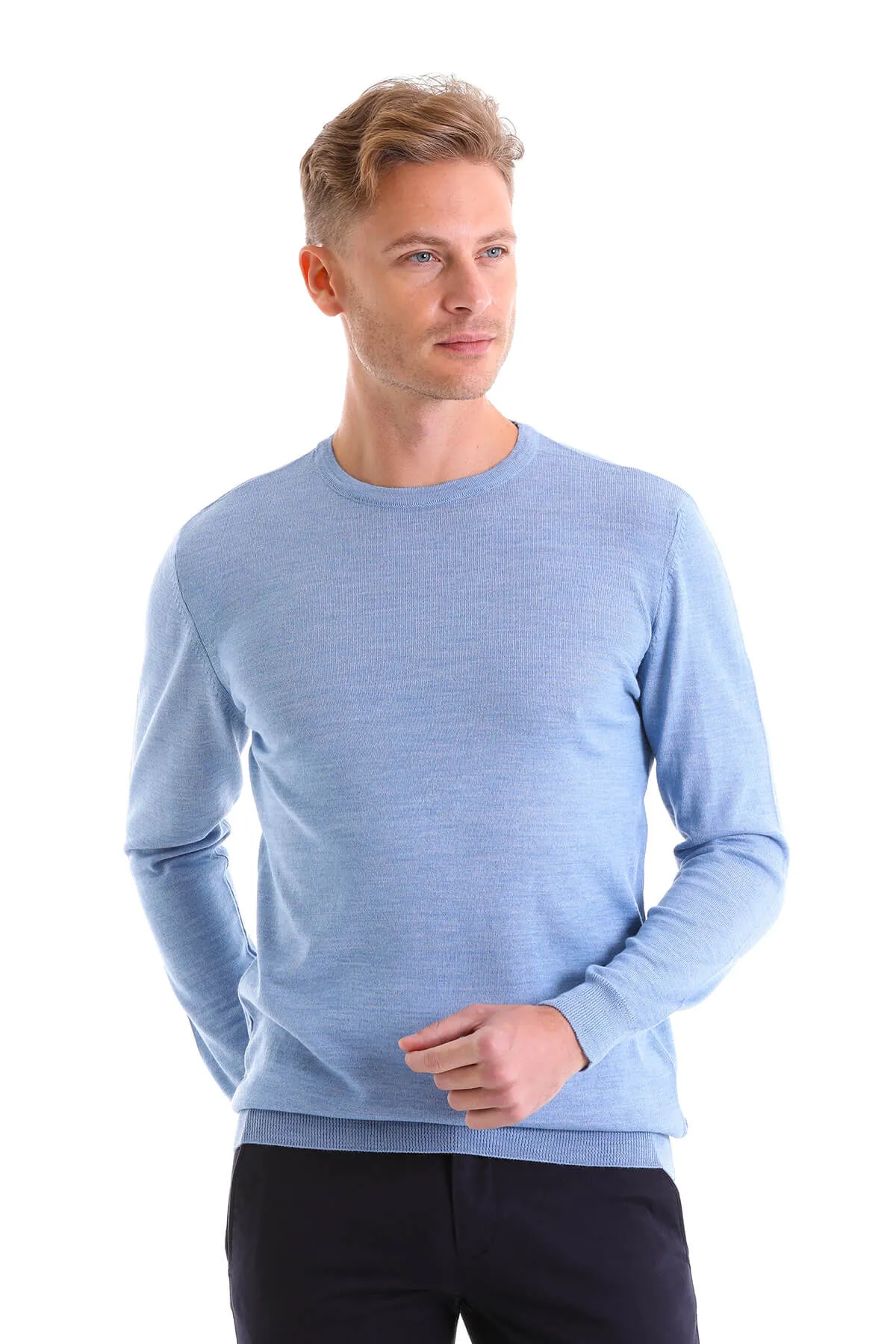 Comfort Fit Wool Blend Blue Crewneck Sweater