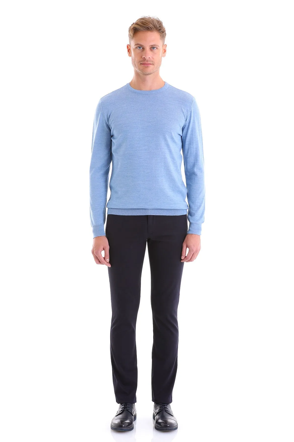 Comfort Fit Wool Blend Blue Crewneck Sweater