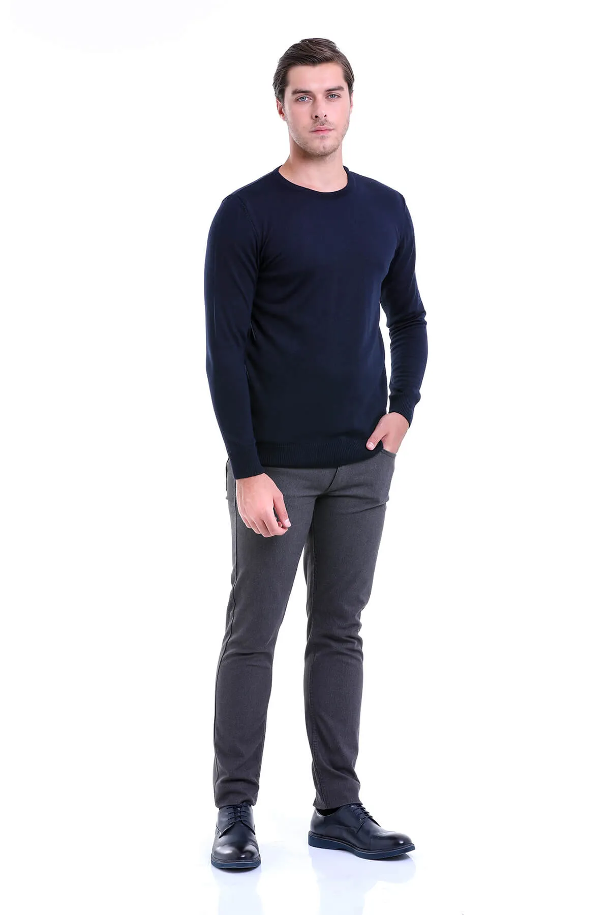 Comfort Fit Wool Blend Navy Crewneck Sweater