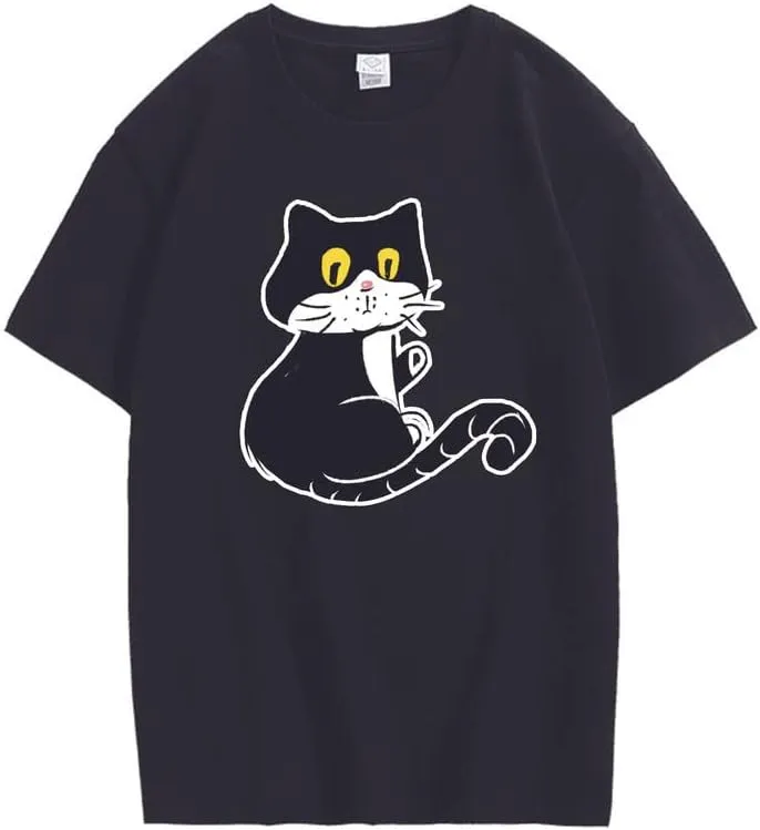 CORIRESHA Teen Cat T-Shirt Round Neck Short Sleeves Loose Soft Cozy Cute Tops