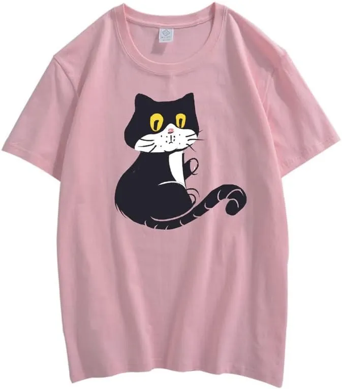 CORIRESHA Teen Cat T-Shirt Round Neck Short Sleeves Loose Soft Cozy Cute Tops