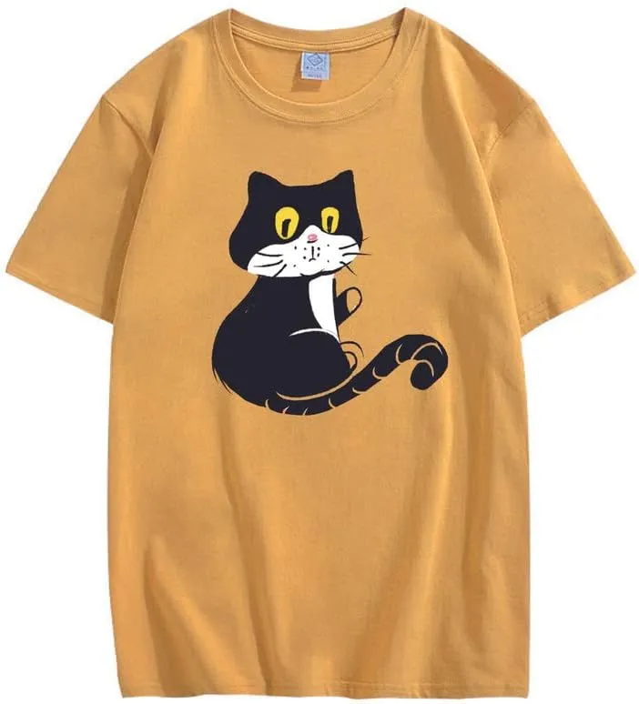 CORIRESHA Teen Cat T-Shirt Round Neck Short Sleeves Loose Soft Cozy Cute Tops