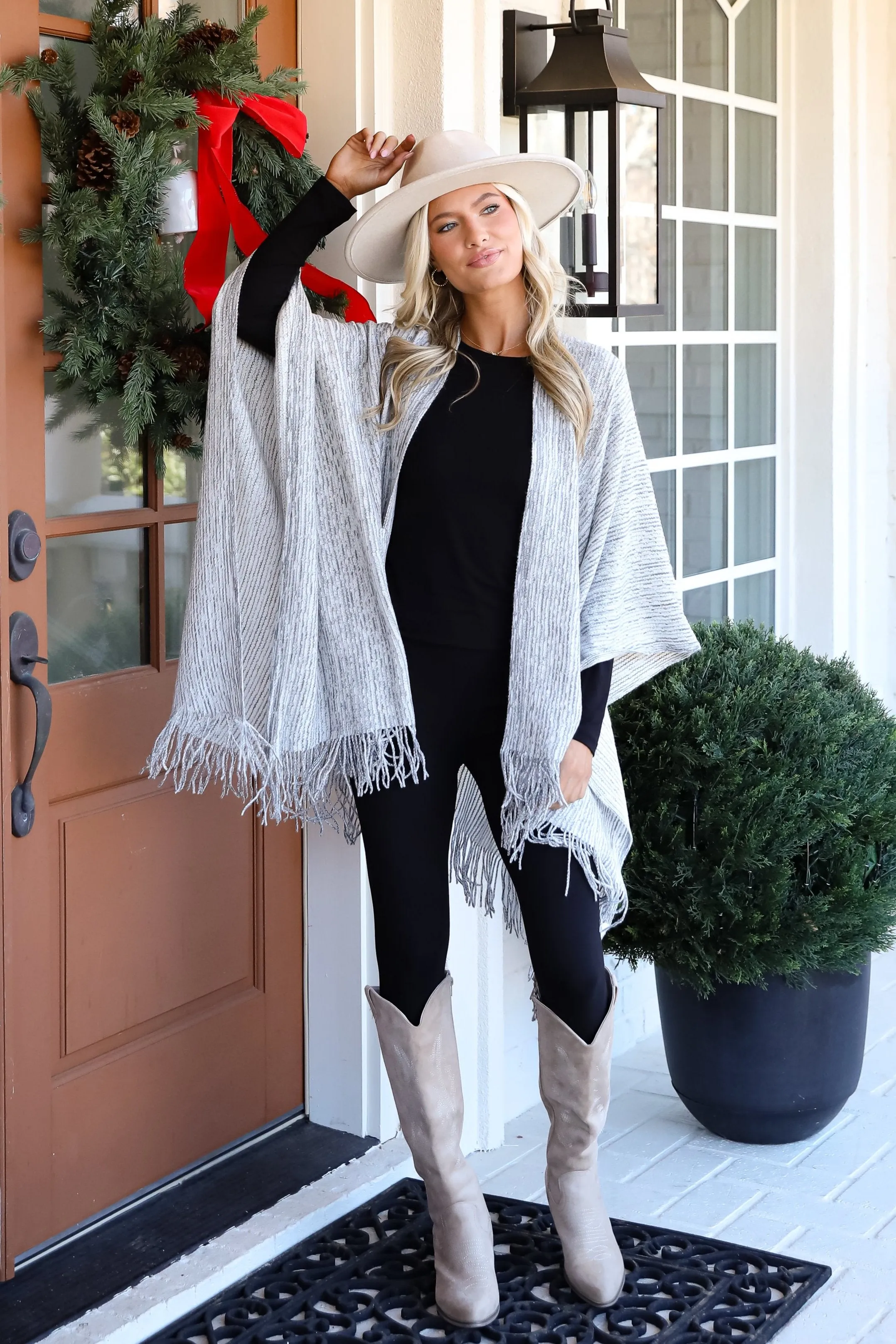 Cozy Afternoon Ivory Knit Fringe Shawl