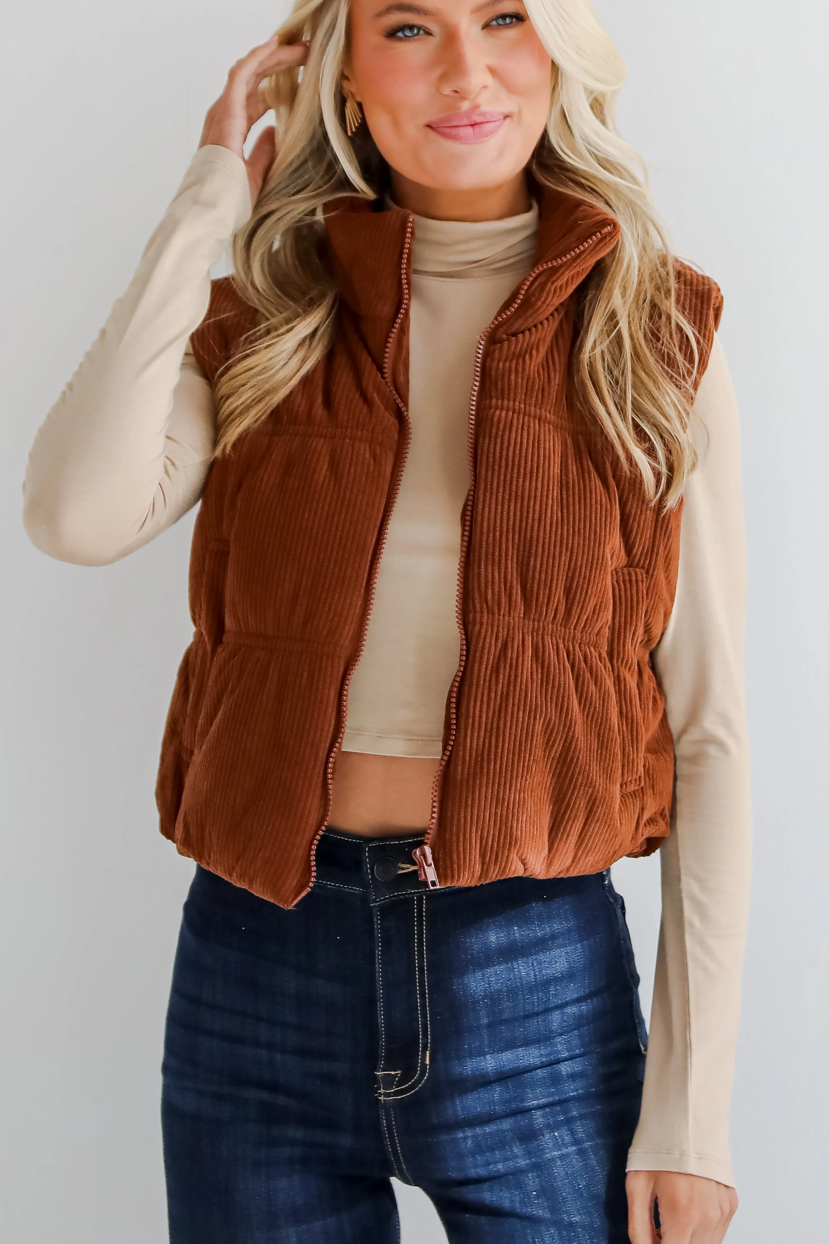 Cozy Being Camel Corduroy Puffer Vest