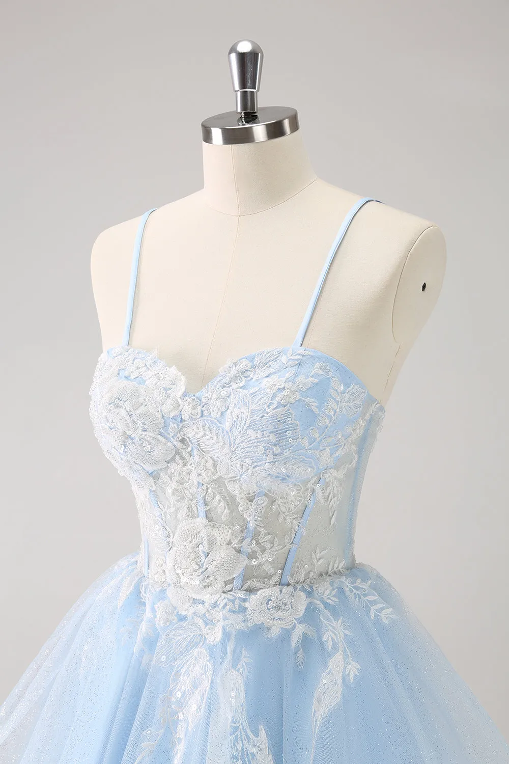 Elegant Blue Sequined A Line Corset Floral Appliques Mini Dress