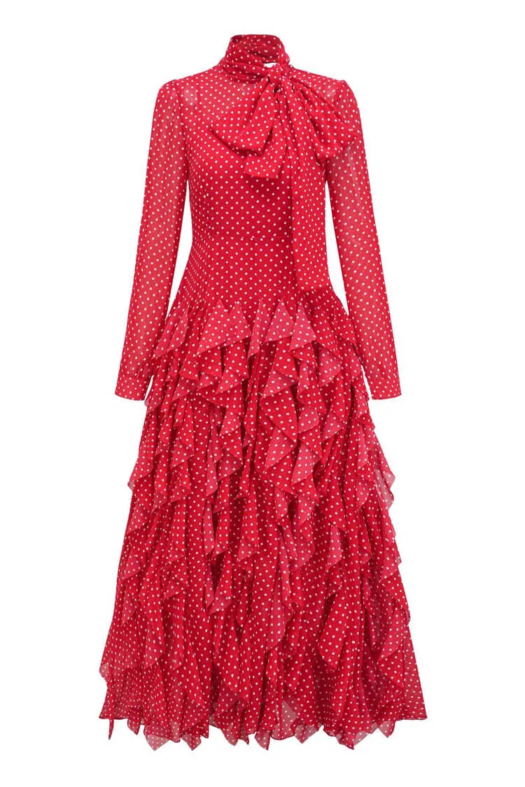 Elegant Polka Dot Tie Neck Long Sleeve Chiffon Ruffle Tiered Evening Maxi Dress