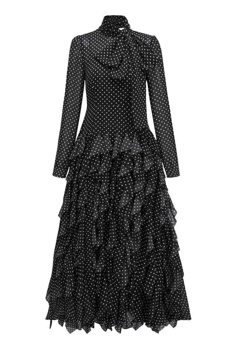 Elegant Polka Dot Tie Neck Long Sleeve Chiffon Ruffle Tiered Evening Maxi Dress