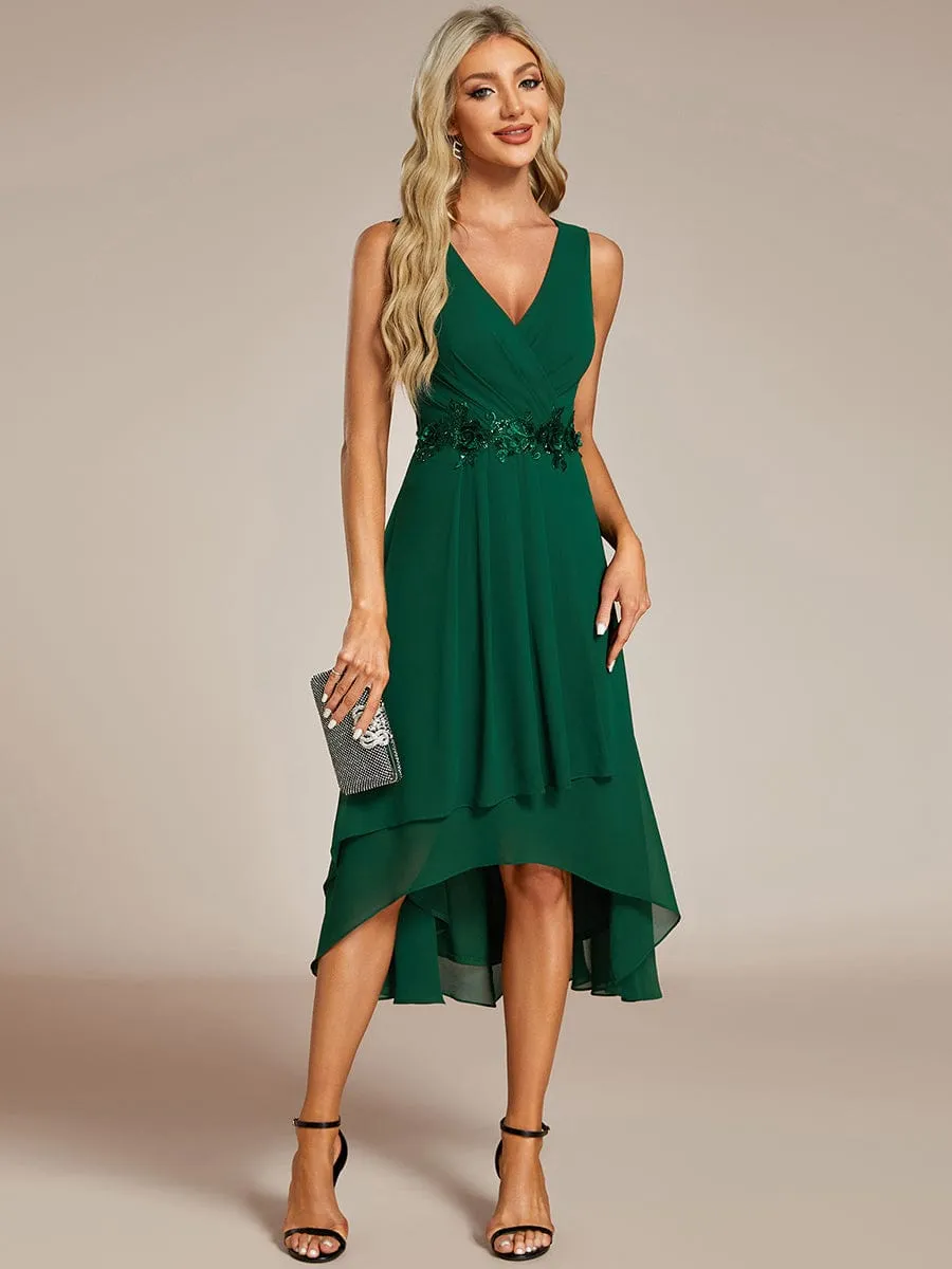 Elise | Sleeveless V-Neck High Low Wedding Guest Dress with Floral Applique