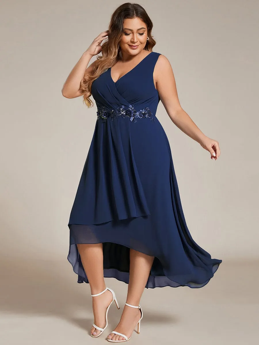 Elise | Sleeveless V-Neck High Low Wedding Guest Dress with Floral Applique