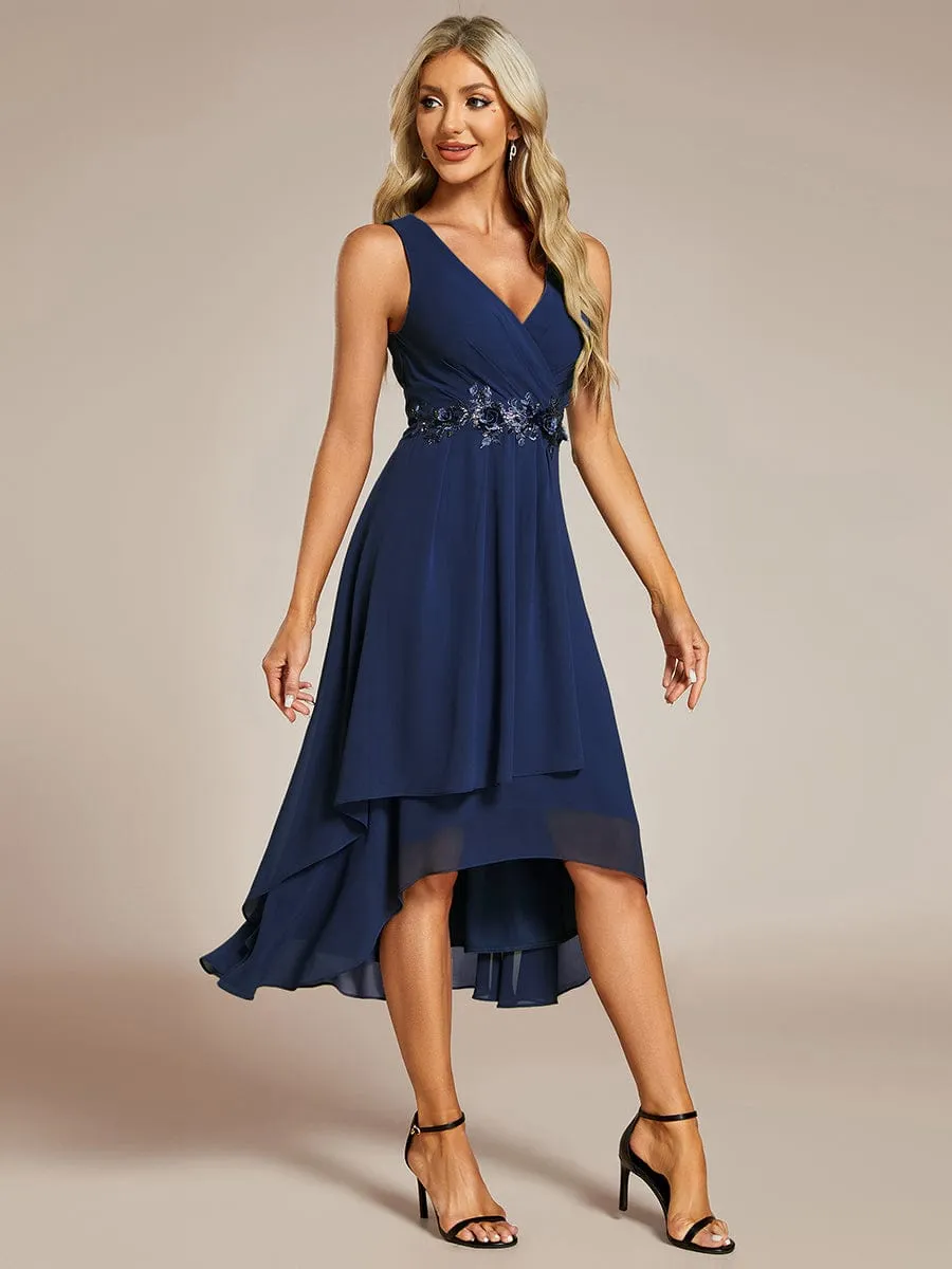 Elise | Sleeveless V-Neck High Low Wedding Guest Dress with Floral Applique