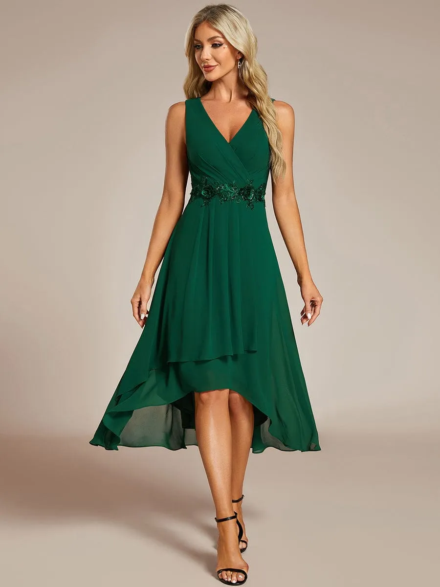 Elise | Sleeveless V-Neck High Low Wedding Guest Dress with Floral Applique