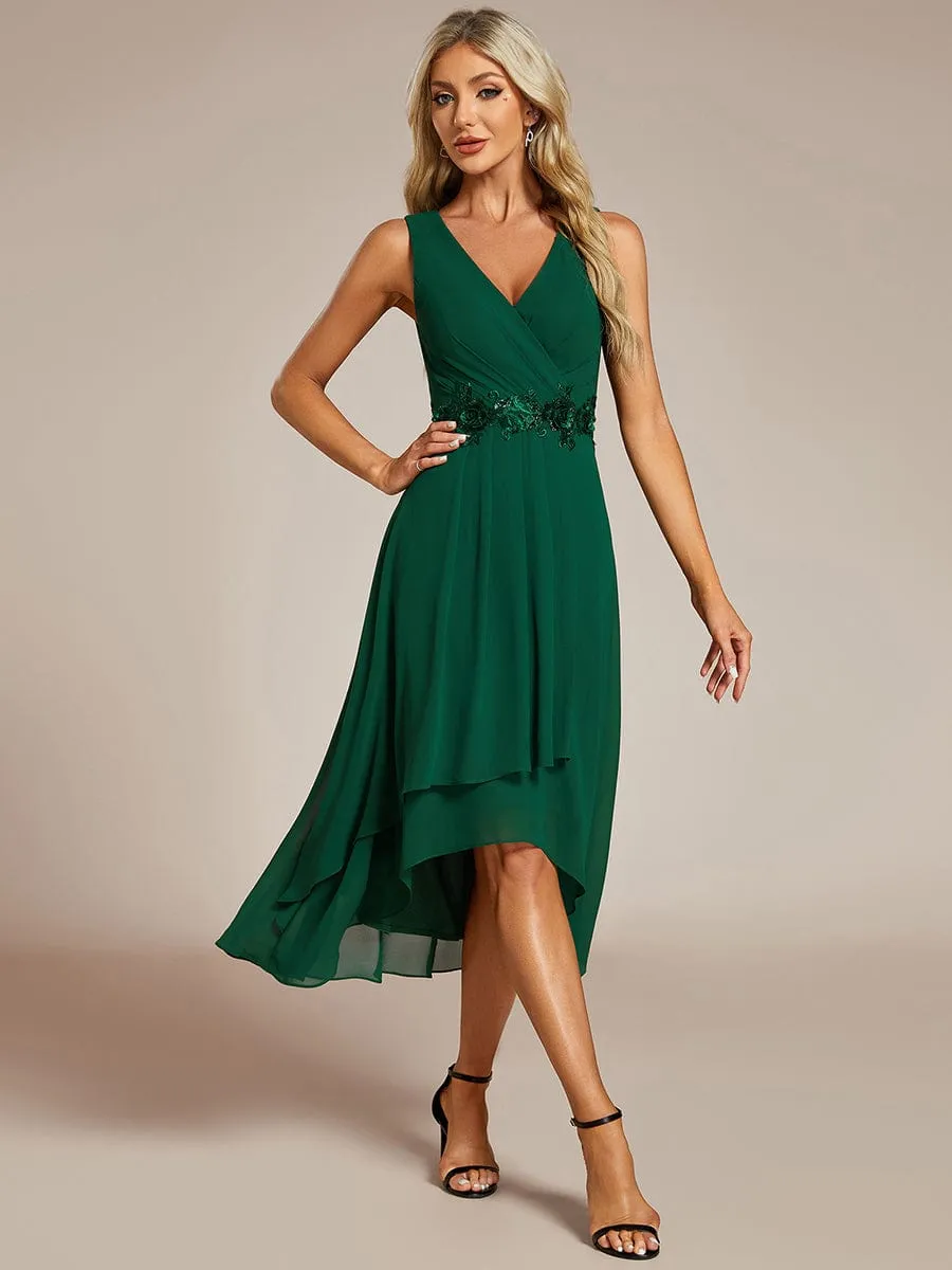 Elise | Sleeveless V-Neck High Low Wedding Guest Dress with Floral Applique