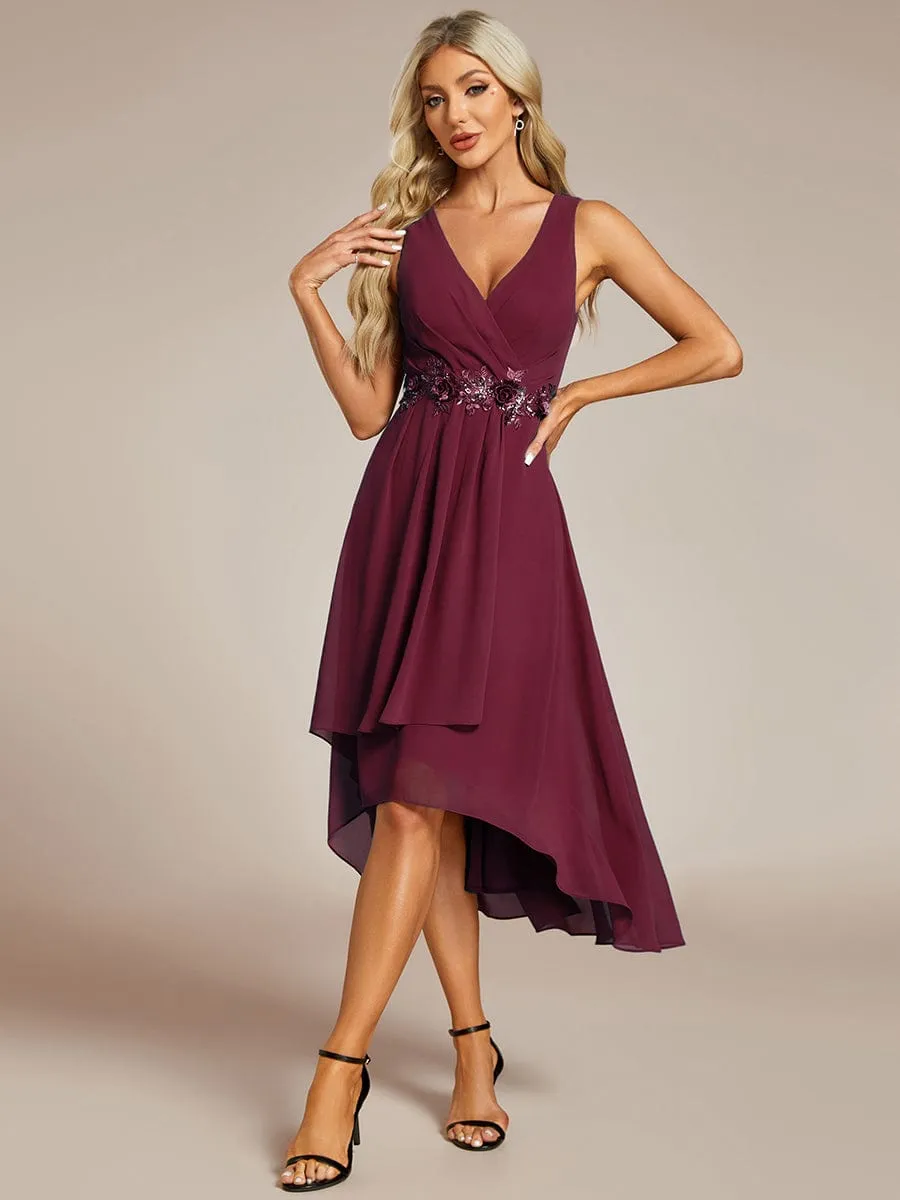 Elise | Sleeveless V-Neck High Low Wedding Guest Dress with Floral Applique