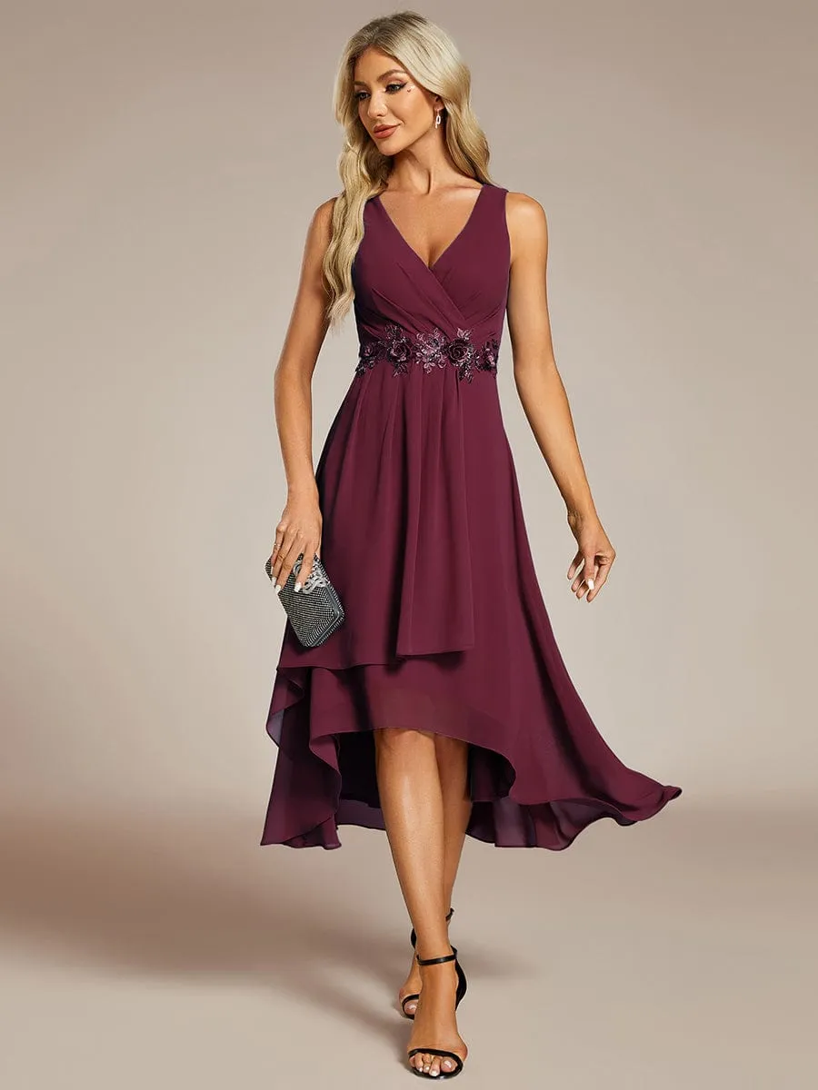 Elise | Sleeveless V-Neck High Low Wedding Guest Dress with Floral Applique