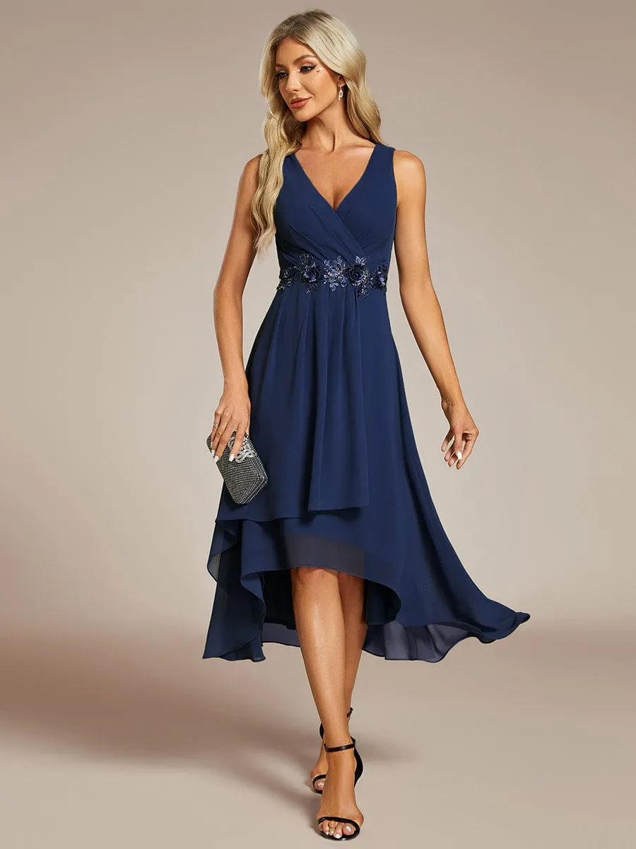 Elise | Sleeveless V-Neck High Low Wedding Guest Dress with Floral Applique