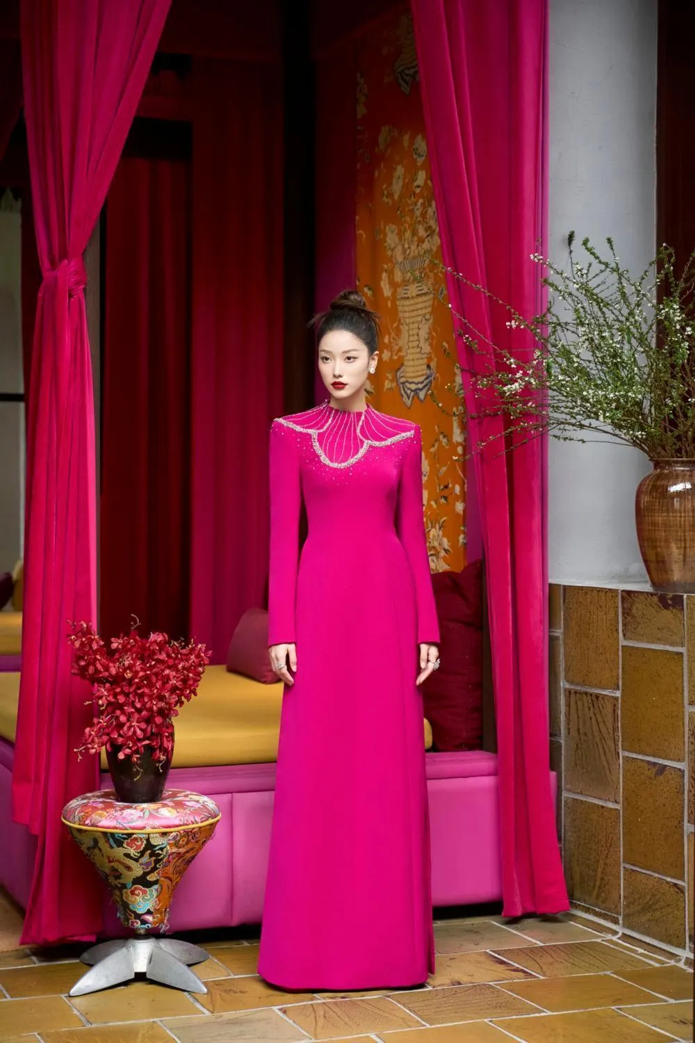 Gracen Sheath High Neck Velvet Satin Floor Length Ao Dai